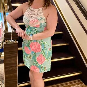 Lilly Pulitzer Pearl Shift Dress Poolside Blue 6 Crochet Lace Neck Halter